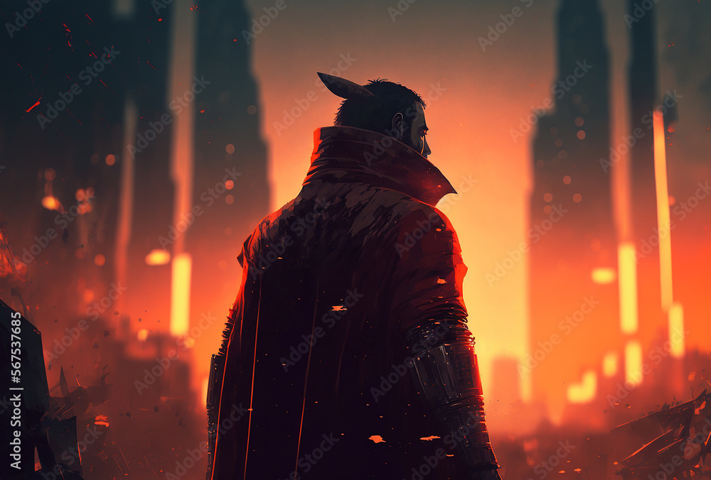 Superhero businessman looking at city skyline at sunset. Illustration Generative AI Superhero businessman looking at city skyline at sunset. Illustration Generative AI