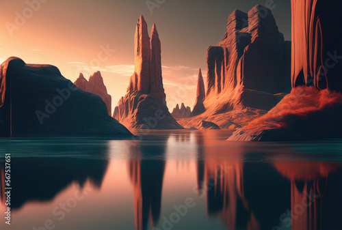 Fantasylandscape of rocks and lake at sunset, abstract background. Generative AI
