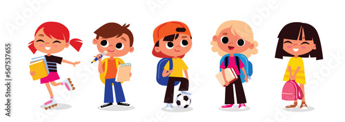 Collection of school kids with backpacks and books. Students with school supplies. Different activities for children.