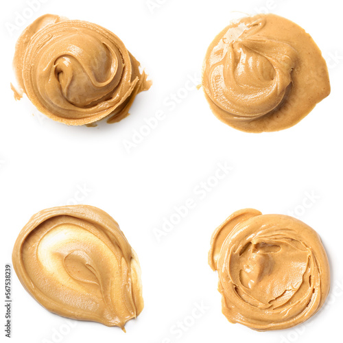 Collage of nut butter on white background