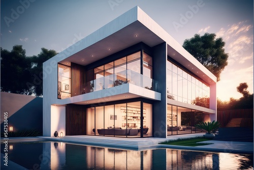 3d render of a luxury villa at sunset with a swimming pool in front, generative ai © VisualProduction