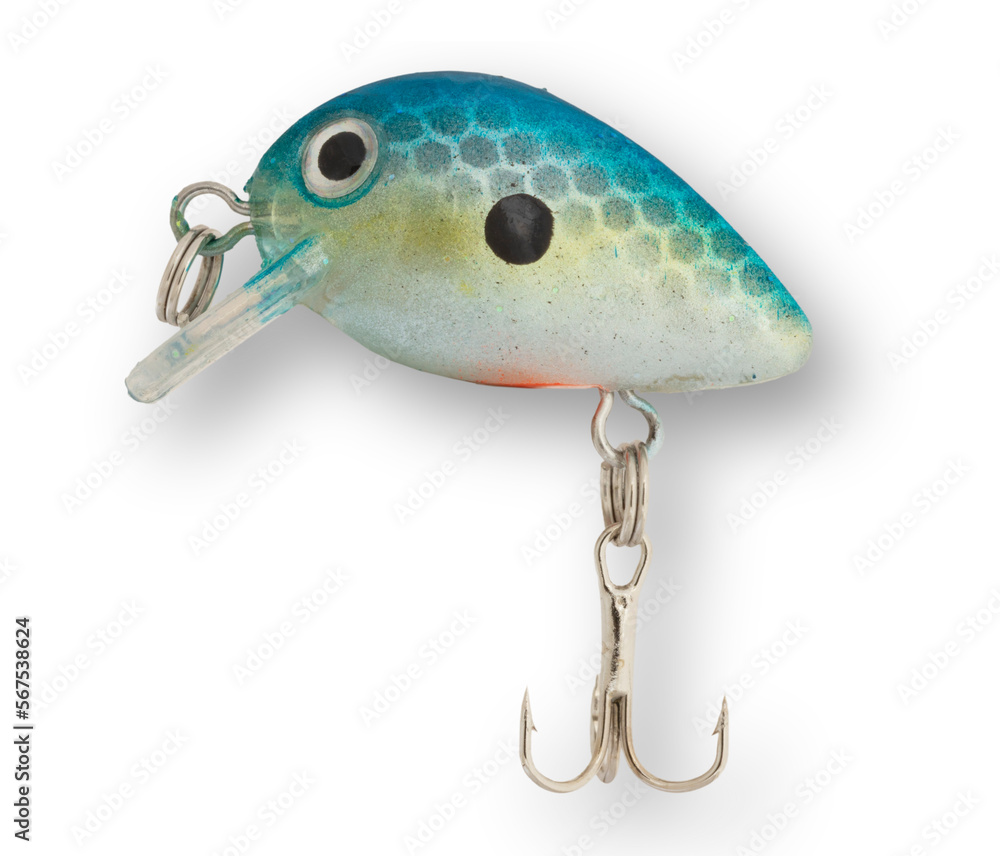 Blue fishing lure with treble hook and shadow behind Blue fishing lure with treble hook and shadow behind