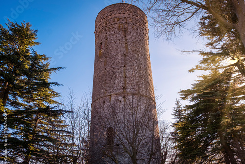 View of the medieval tower of Roccaverano, small city in the hilly region of Langhe (Piedmont, Northern Italy); this area is world famous for valuable wines and hazelnuts productions.