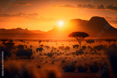 Fotografie African savanna with mountain in national wild park at sunrise