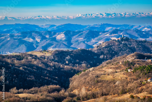 Winter panorama of the hills of Langhe  Piedmont  Northern Italy   this area is world famous for valuable red and sparkling wines production and hazelnuts cultivation.