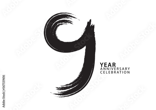 9 year anniversary celebration logotype black paintbrush vector, 9 number design, 9th Birthday invitation, anniversary template, logo number design vector, calligraphy font, typography logo