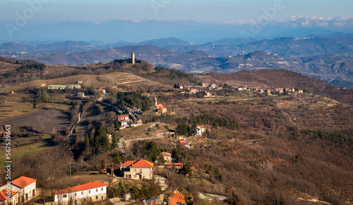 Winter panorama of the hills of Langhe (Piedmont, Northern Italy); this area is world famous for valuable red and sparkling wines production and hazelnuts cultivation.