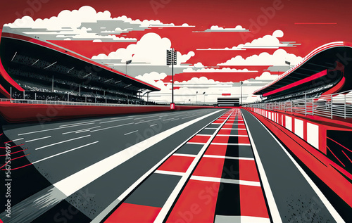 Finish line in red and white with a striking perspective of a contemporary racetrack. Generative AI © 2rogan