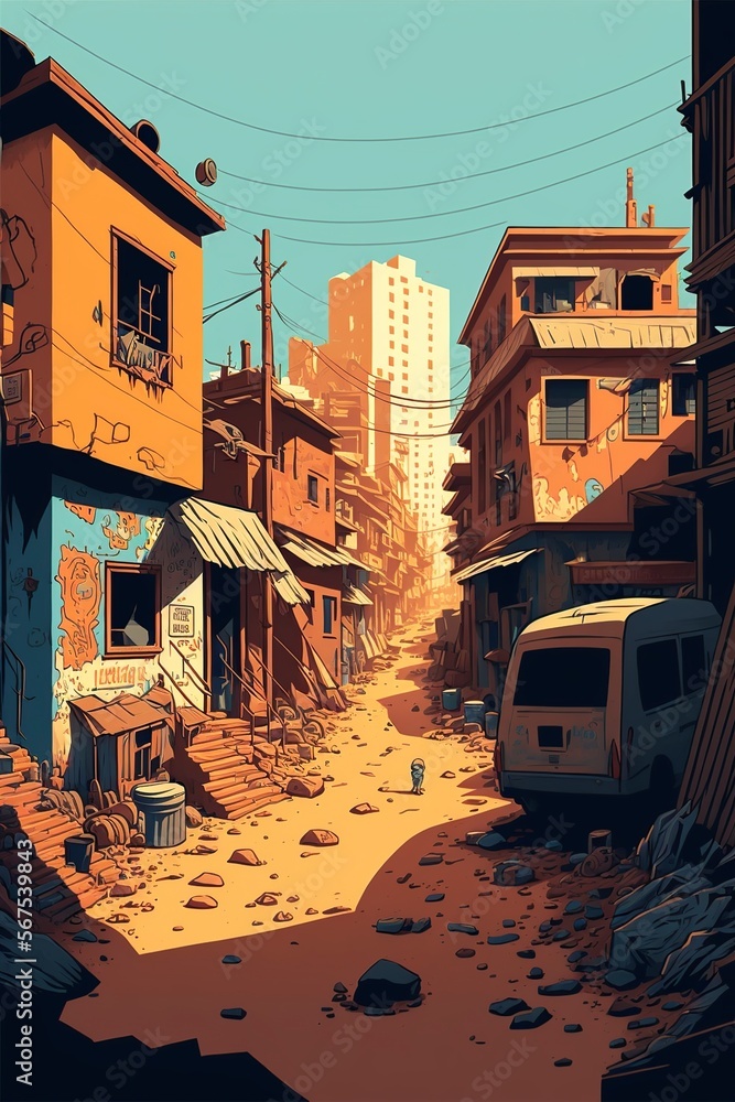 cartoon illustration, ghetto street with poor and dirty houses