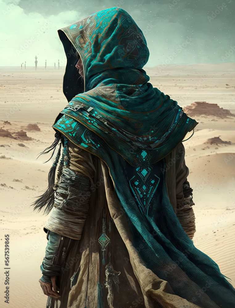 Woman with scarf and robes in desert. Imagine your story, dystopie,  fiction, fantasy. Desert and blue sky. Desolated landscape. Generative AI.  Stock Illustration | Adobe Stock