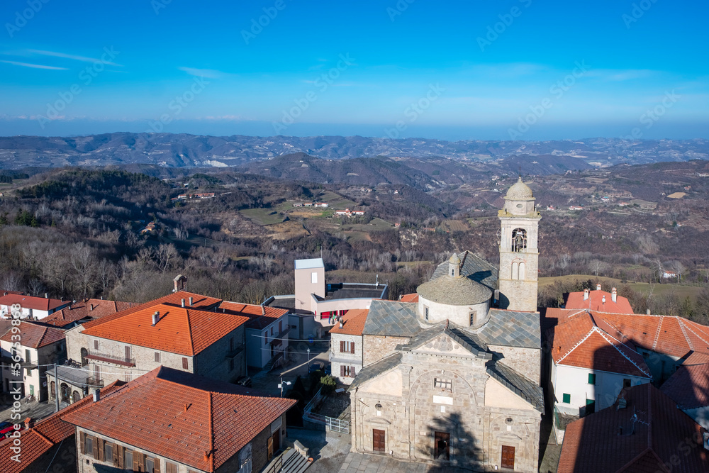 Aerial view of Roccaverano, small city in the hilly region of Langhe (Piedmont, Northern Italy); this area is world famous for valuable wines and hazelnuts productions.