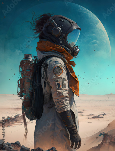 Young woman in cosmonaute suit on an alien desert planet, blue sky, dust. Sci-Fi. Role playing game. Fantasy, imagination. Generative AI. photo