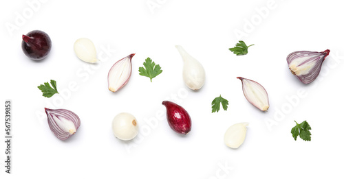 Composition with cut onion and parsley on white background