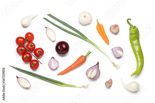 Composition with different vegetables isolated on white background