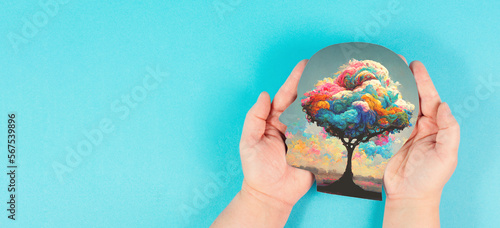 Head with colorful tree, spirituality and creativity concept, connection to nature, positive emotion, mental health, generative AI used for tree 
