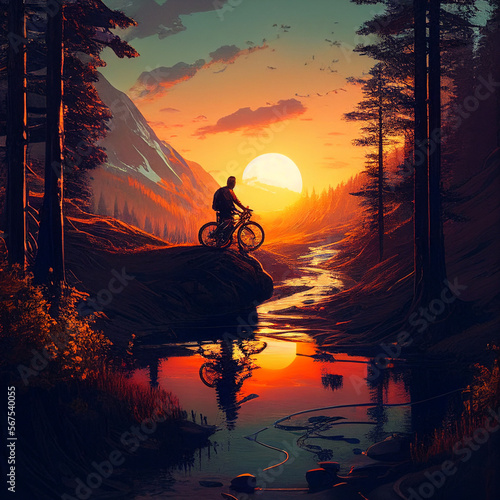 Man with bike on sunset