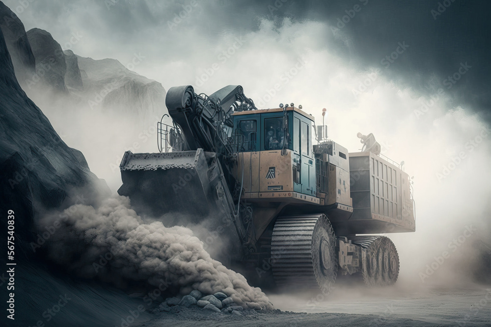 Excavator and mining truck carrying a little portion of stones in a slate quarry, close up, in a cloud of stone dust. Generative AI Excavator and mining truck carrying a little portion of stones in a slate quarry, close up, in a cloud of stone dust. Generative AI