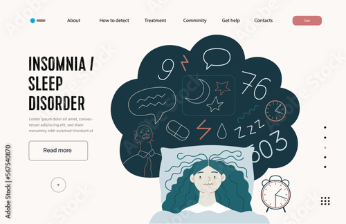 Mental disorders web template. Insomnia, sleep disorder - modern flat vector illustration of a woman meeting with a sleep disorder trying to fall asleep. People emotional, psychological, mental