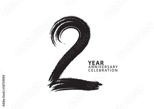 2 year anniversary celebration logotype black paintbrush vector, 2 number design, 2nd Birthday invitation, anniversary template, logo number design vector, calligraphy font, typography logo