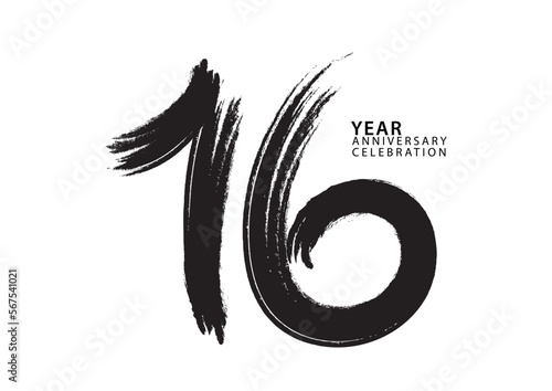 16 year anniversary celebration logotype black paintbrush vector, 16 number design, 16th Birthday invitation, anniversary template, logo number design vector, calligraphy font, typography logo photo