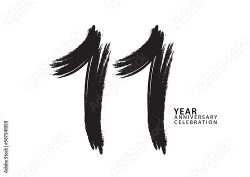 11 year anniversary celebration logotype black paintbrush vector, 11 number design, 11th Birthday invitation, anniversary template, logo number design vector, calligraphy font, typography logo
