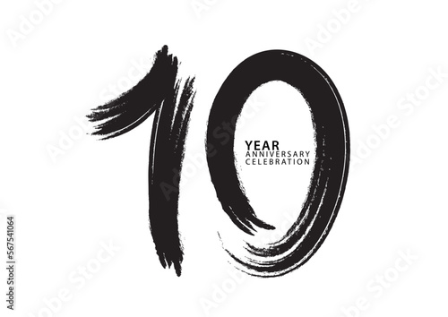 10 year anniversary celebration logotype black paintbrush vector, 10 number design, 10th Birthday invitation, anniversary template, logo number design vector, calligraphy font, typography logo