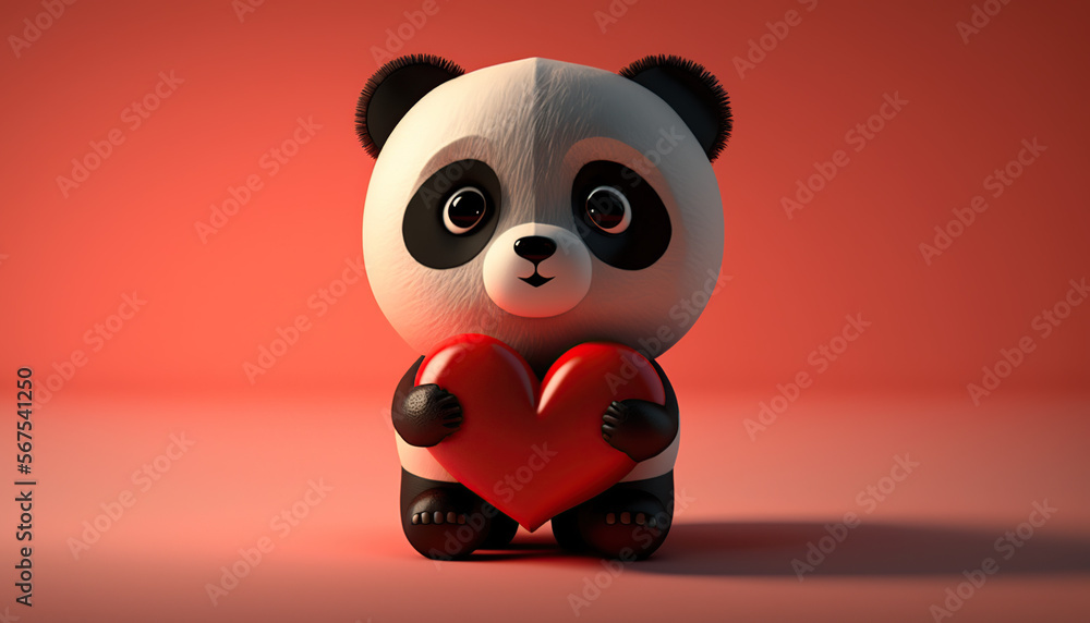 Cute Cartoon Panda Holding a Red Heart. Generative AI