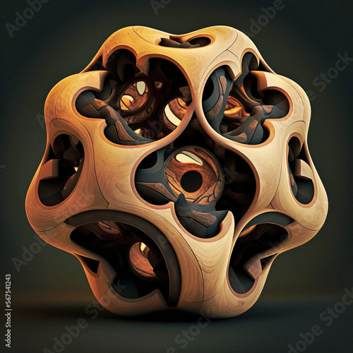 A wooden modern art gyroid sculpture - generative ai photo