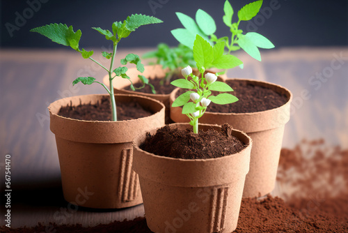 Flower seedlings in pots made of biodegradable peat moss. top perspective on a background of white wood. Plastic free concept, recycling, and zero waste. Generative AI