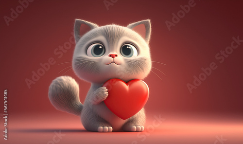 Cute Cartoon Cat Holding a Red Heart. Generative AI