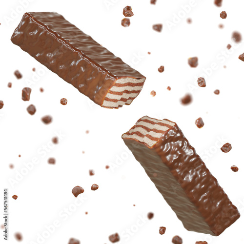 Broken wafer in half with pieces of chocolate transparent background - 3D rendering