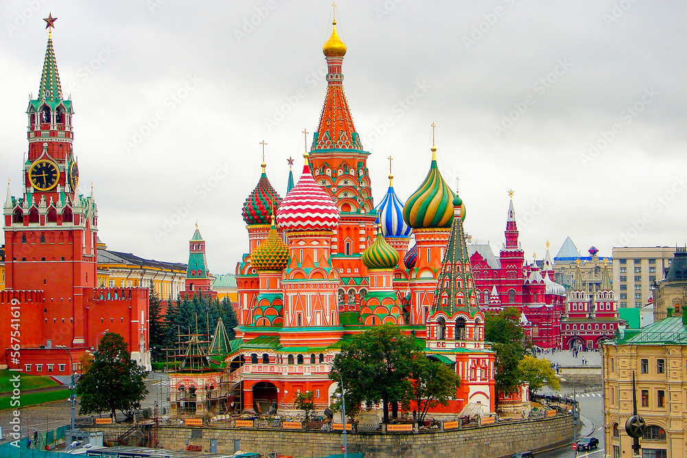 Above St Basil Cathedral, Red Square and Kremlin panorama, Moscow, Russia