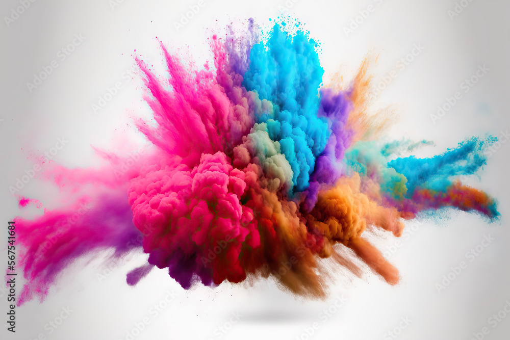 eruption of colored powder against a white background. cloud with color. Bright dust explodes. Generative AI