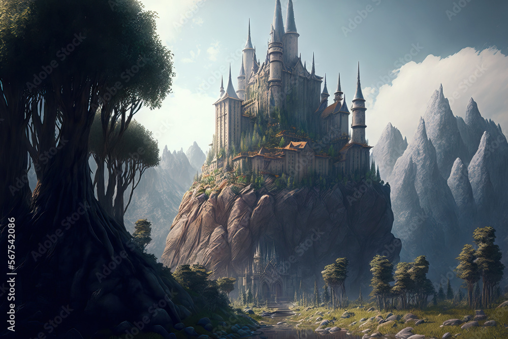 Fantastic, Realistic, and Futuristic Castle Mountain Digital CG artwork for video games, concept illustrations, and realistic cartoon style scene designs. Generative AI