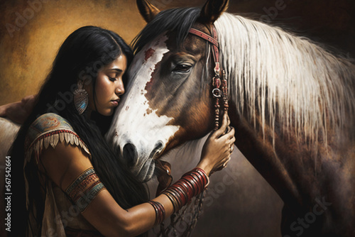 Native American woman embracing her horse. Generative AI