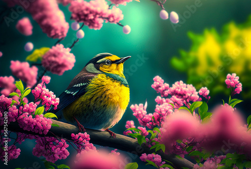 Small robin bird on pink spring flowers in a tree. Generative AI
