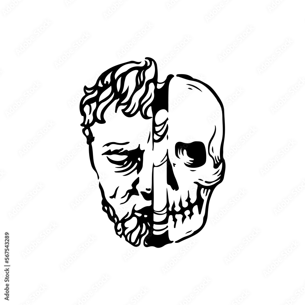 vector illustration of a man's face next to a skull