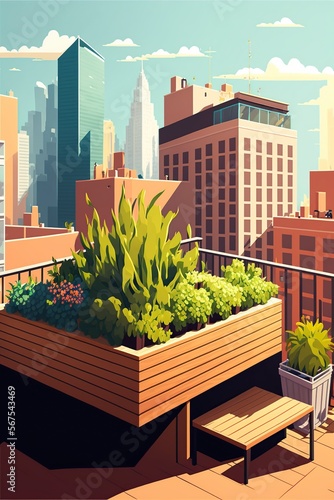 cartoon illustration, urban outdoor rooftop garden, building roof terrace ai generative