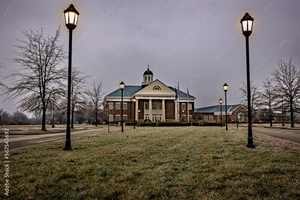 The Nelson County Justice Center in Bardstown, Kentucky, during a winter night.