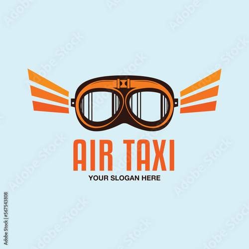 Airplane logo template with goggles. Air taxi Plane badge graphics for tshirt, sticker. Flight brand identity. Stock vector label