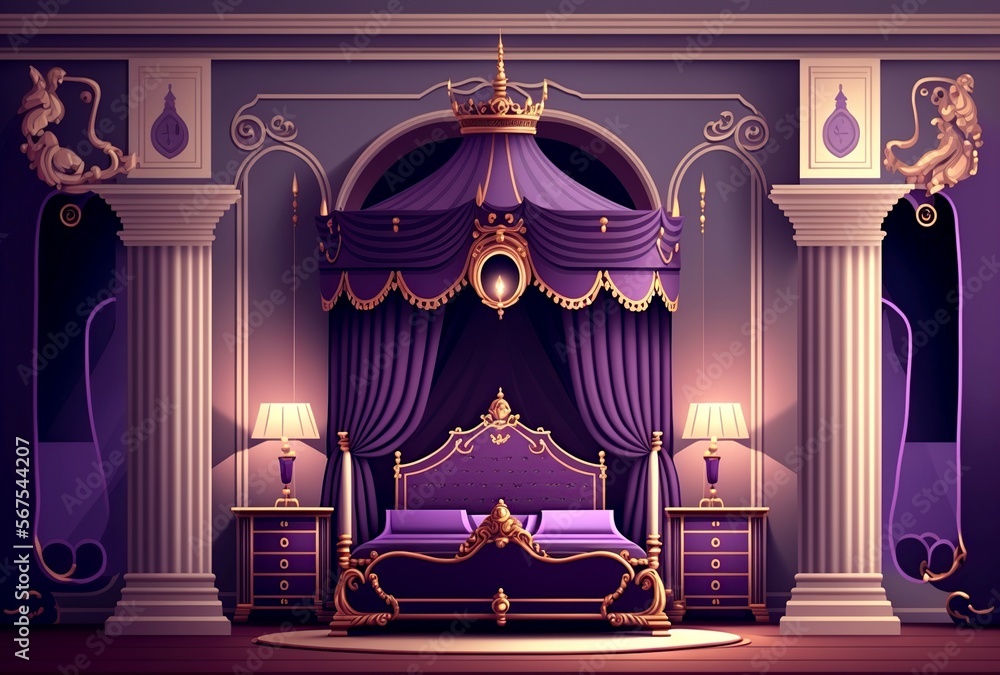 cartoon illustration, king or queen luxury interior bedroom in palace, generative AI