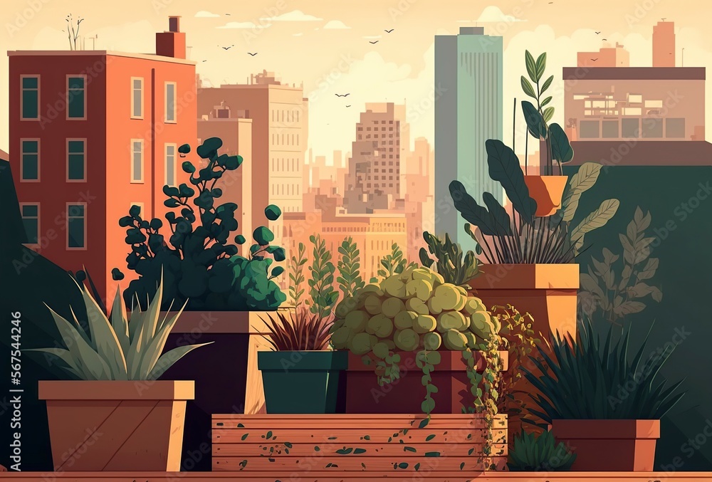 cartoon illustration, urban outdoor rooftop garden, building roof ...