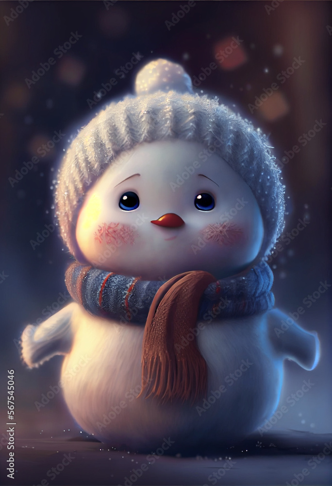 Obraz premium cute tiny snowmann with adorbale face, Generative AI
