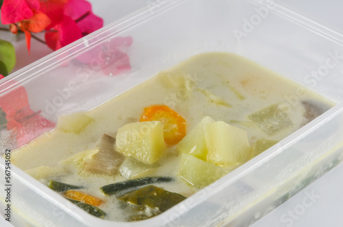 sayur lodeh or vegetable soup in coconut milk served in plastic box and red bougainvillea flower photo