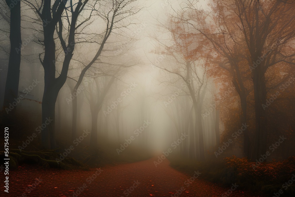 Trail through a mysterious dark old forest in fog. Autumn morning in Crimea. Magical atmosphere. Fairytale - generative ai