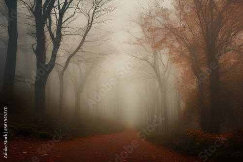 Trail through a mysterious dark old forest in fog. Autumn morning in Crimea. Magical atmosphere. Fairytale - generative ai © unalcreative