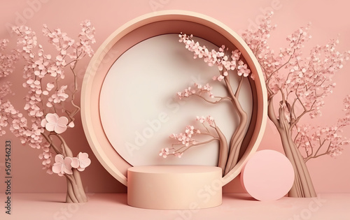 Pastel background for beauty products with a podium and a pedestal for product photography. Ideal shapes to highlight the merits of your product or logo. Based on Generative AI