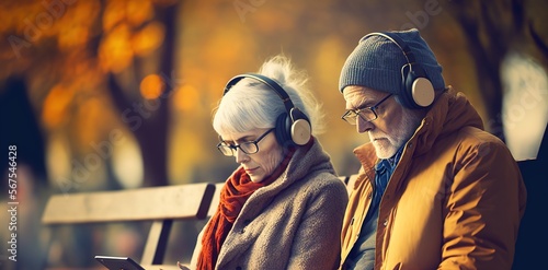Senior couple listening to music with headphones and tablet while seated on park bench. Realistic Generative AI illustration