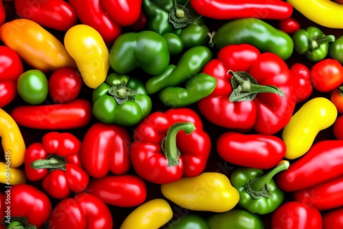 Various colorful red, green, yellow paprika, pepper, tomato and eggplant on old texture background. Healthy eating food background theme. top view - generative ai