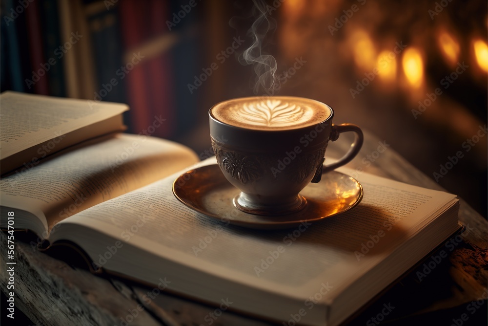 A cup of espresso coffee with book and latte art, Generative AI A cup of espresso coffee with book and latte art, Generative AI